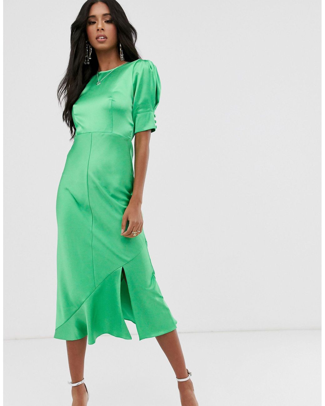 ASOS Bias Midi Dress With Puff Sleeves in Green | Lyst