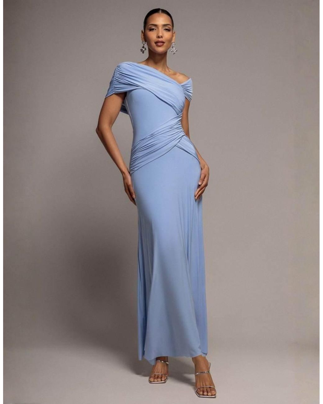 Goddiva Blue Asymmetric Neck Gathered Waist Maxi Dress