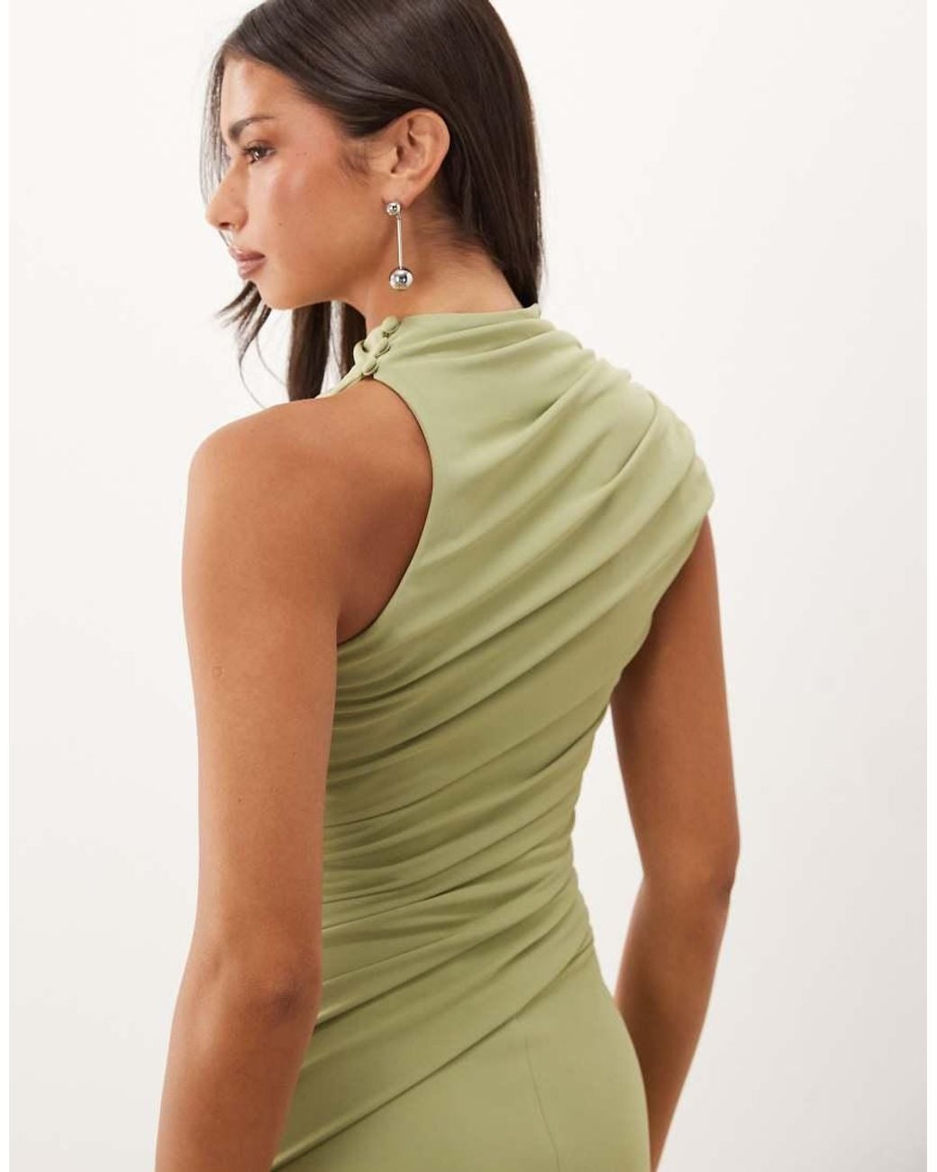 ASOS Green High Neck Asymmetric Ruched Midi Dress