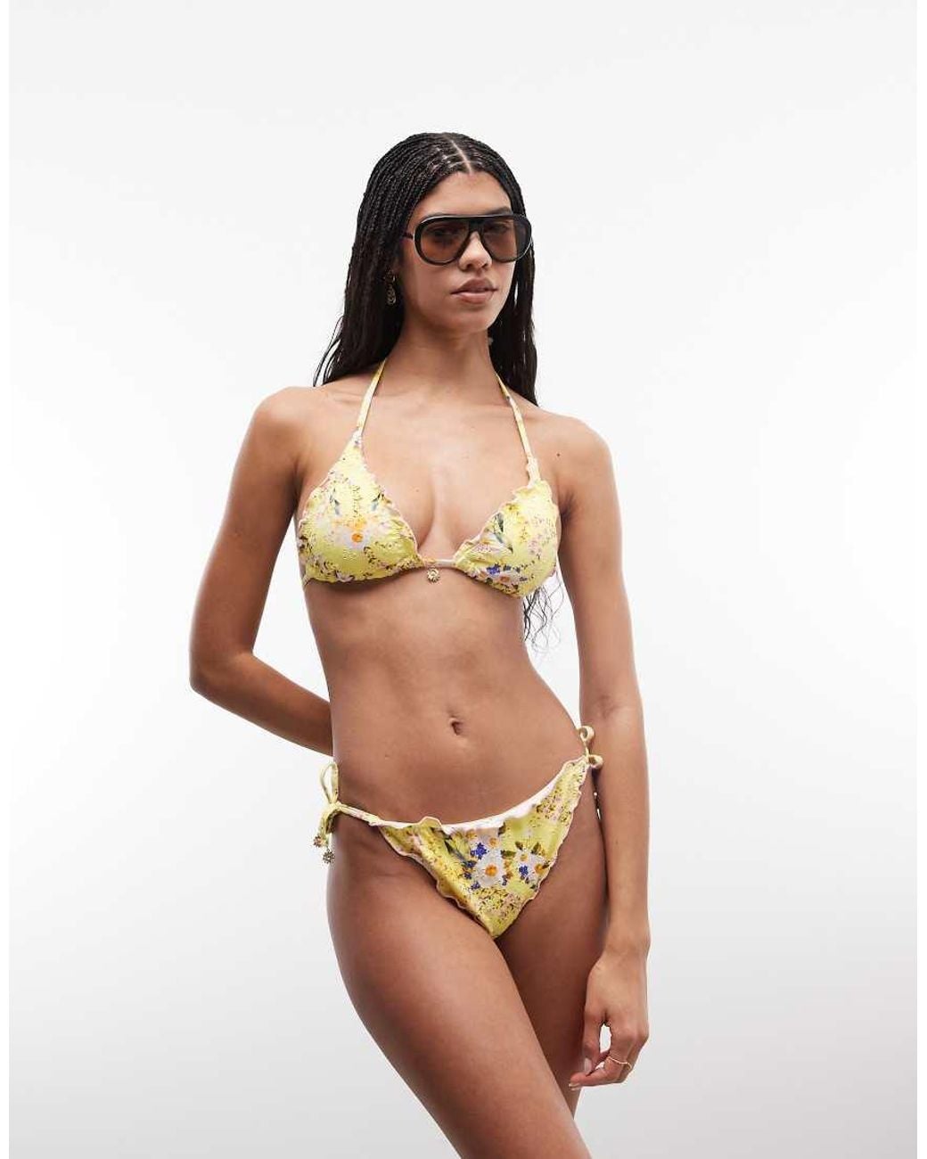 River Island Yellow Daisy Print Broderie Bikini Top