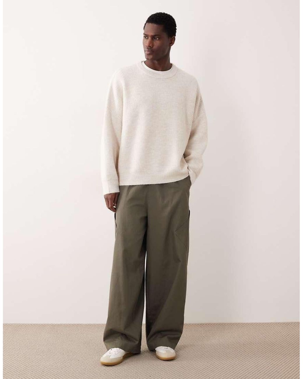 ASOS White Super Oversized Knitted Fisherman Rib Crew Neck Jumper for men