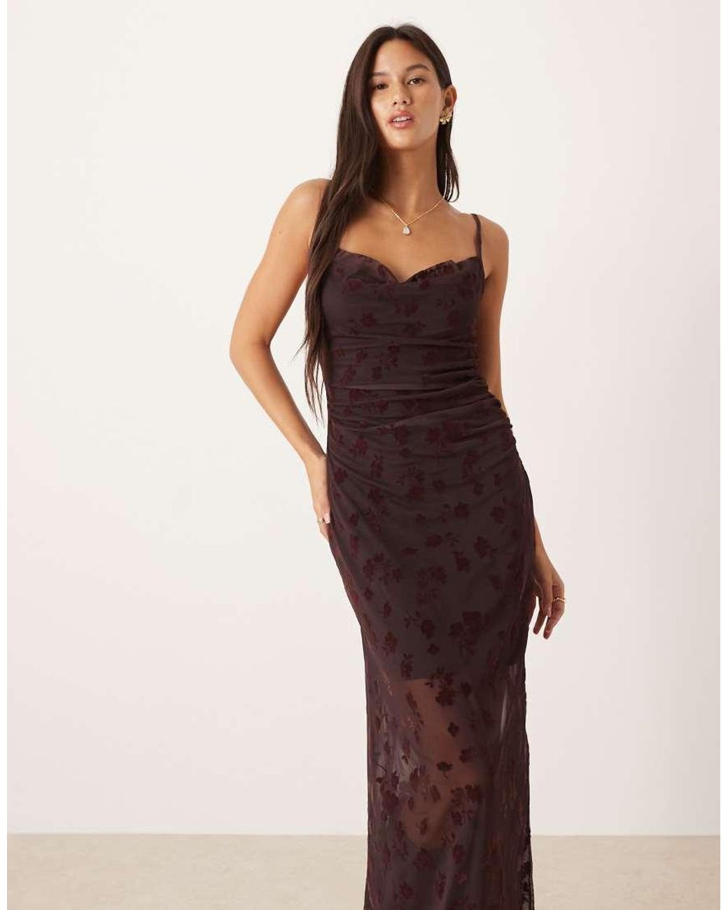 ASOS Brown Flocked Floral Cami Cowl Neck Maxi Dress