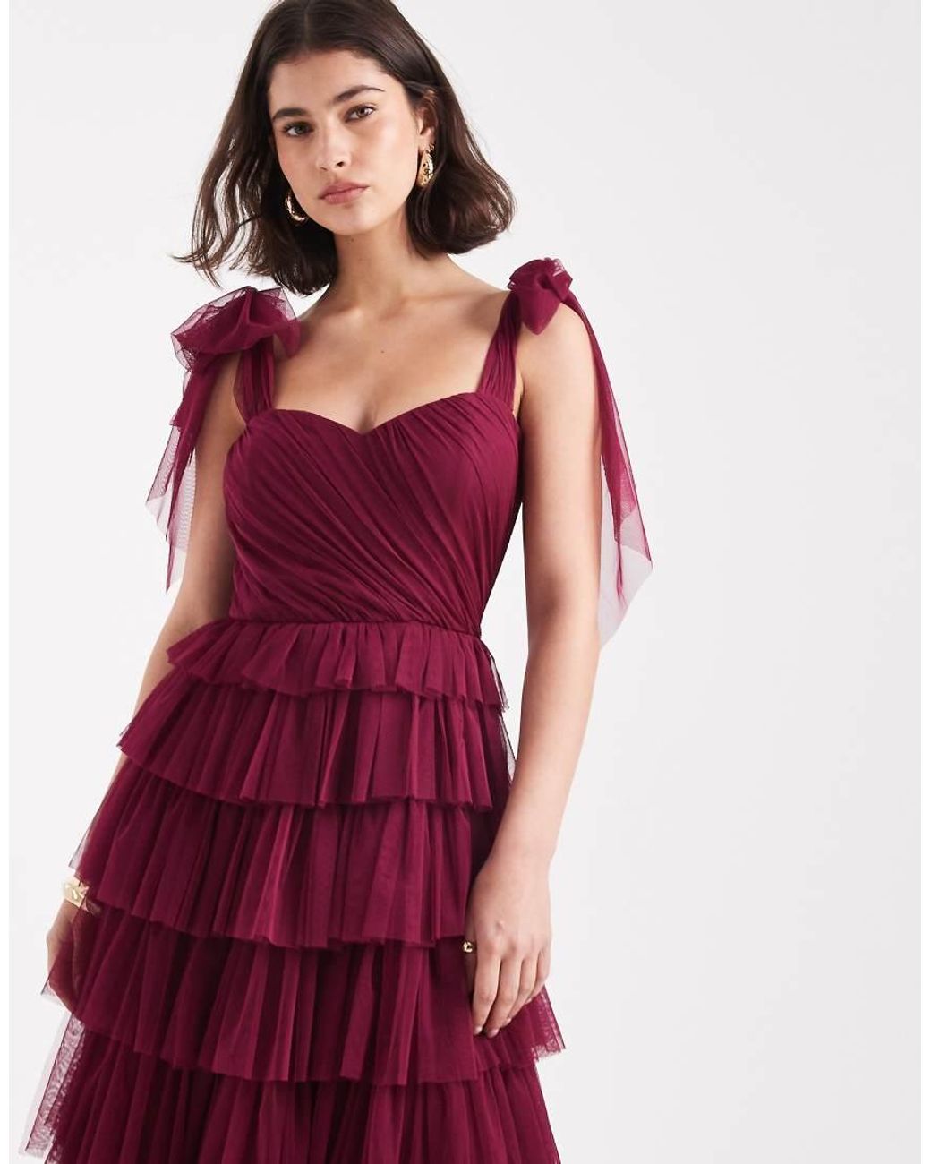 LACE & BEADS Red Bridesmaid Bow Shoulder Tulle Maxi Dress