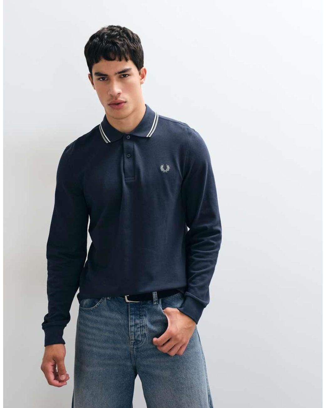 Fred Perry Blue Long Sleeve Twin Tipped Polo Shirt for men