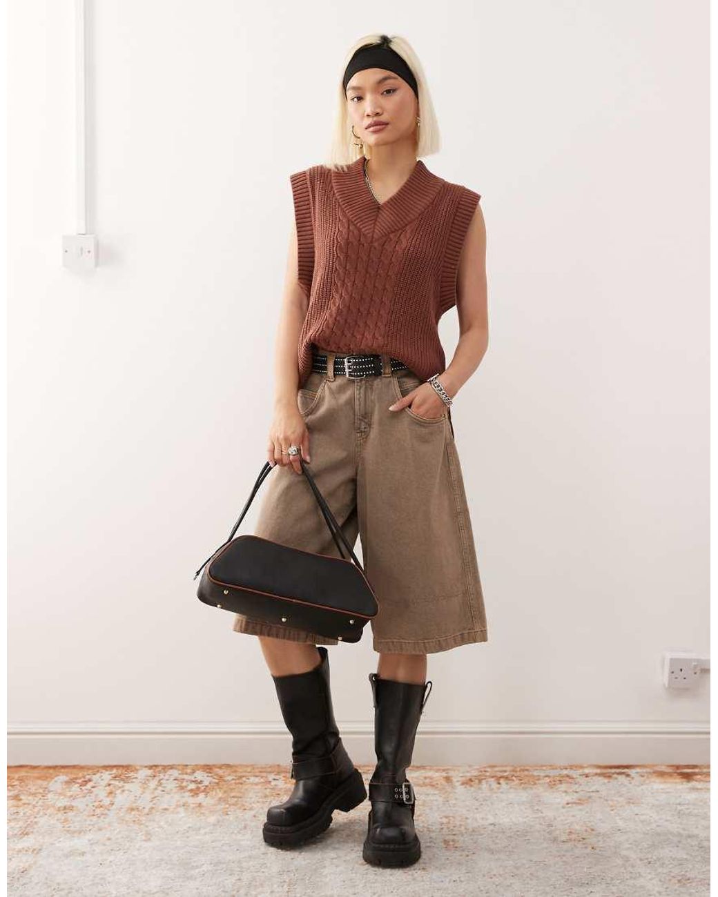Monki Brown Knitted Varsity Jumper Vest