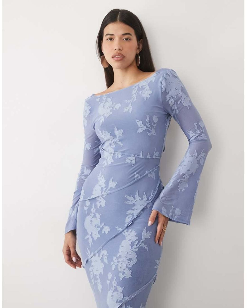 ASOS Blue Devore Long Sleeve Open Back Maxi Dress