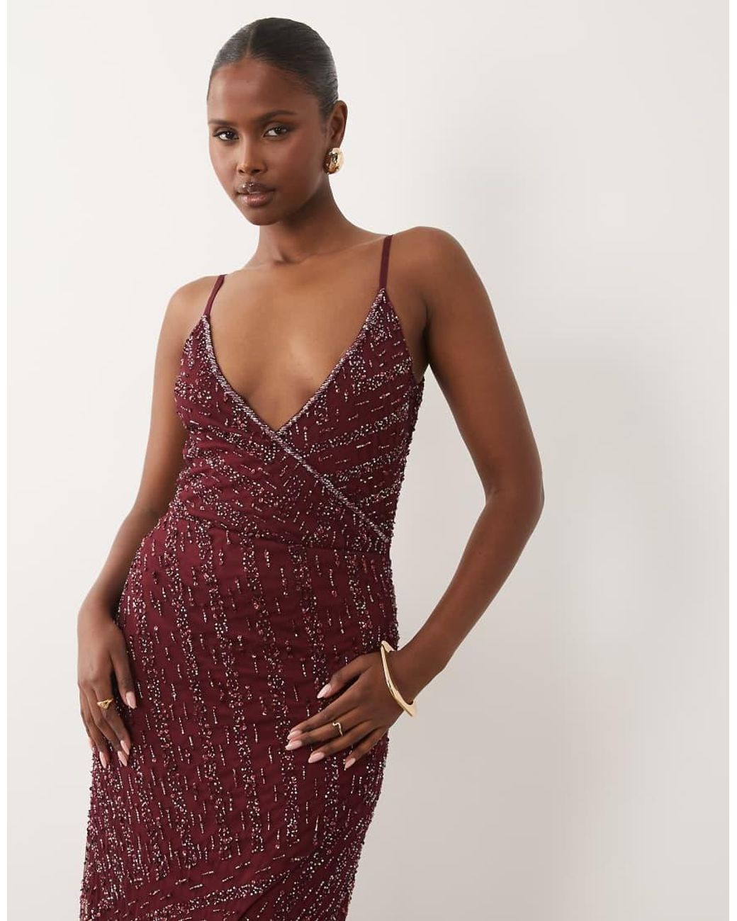 Beauut Red Embellished Cami V Neck Wrap Maxi Dress