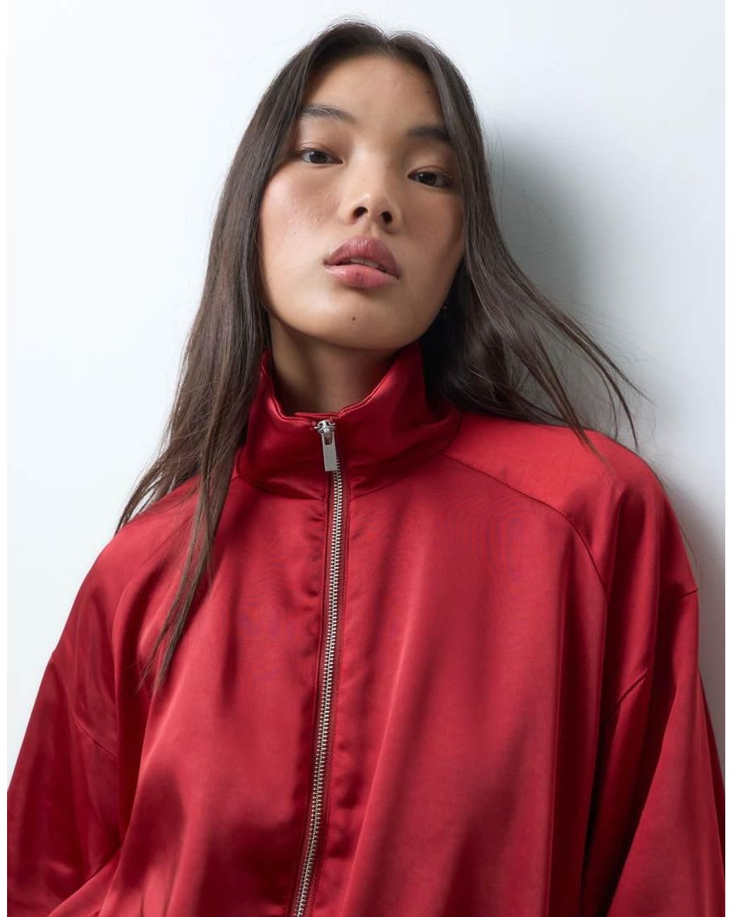 ASOS Red Sateen Funnel Neck Track Bomber Jacket
