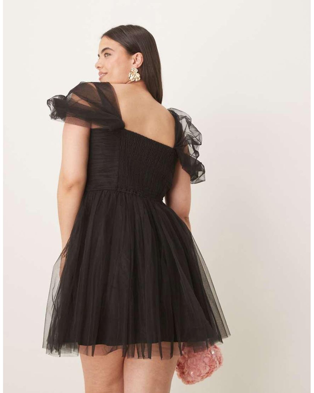 Lace & Beads Plus Black Off Shoulder Tulle Mini Dress