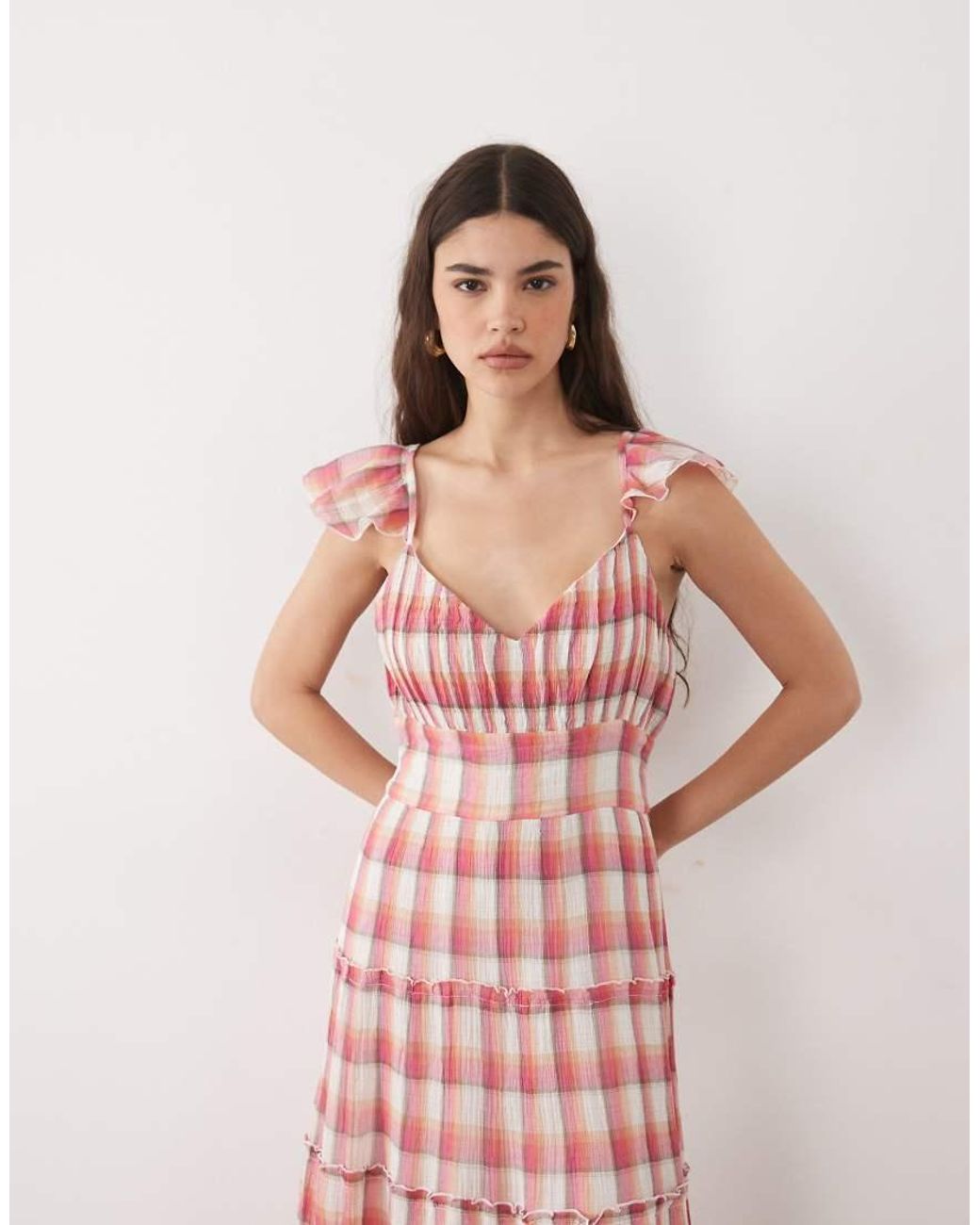 Nobody's Child Pink Levi Cotton Cheesecloth V-neck Flutter Sleeve Tie Maxi Dress