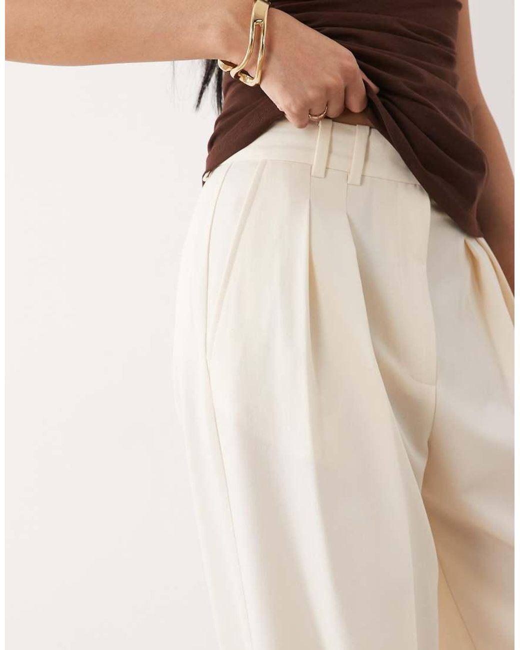ASOS Natural Tall Tailored Wide Leg Trousers With Pleat Detail