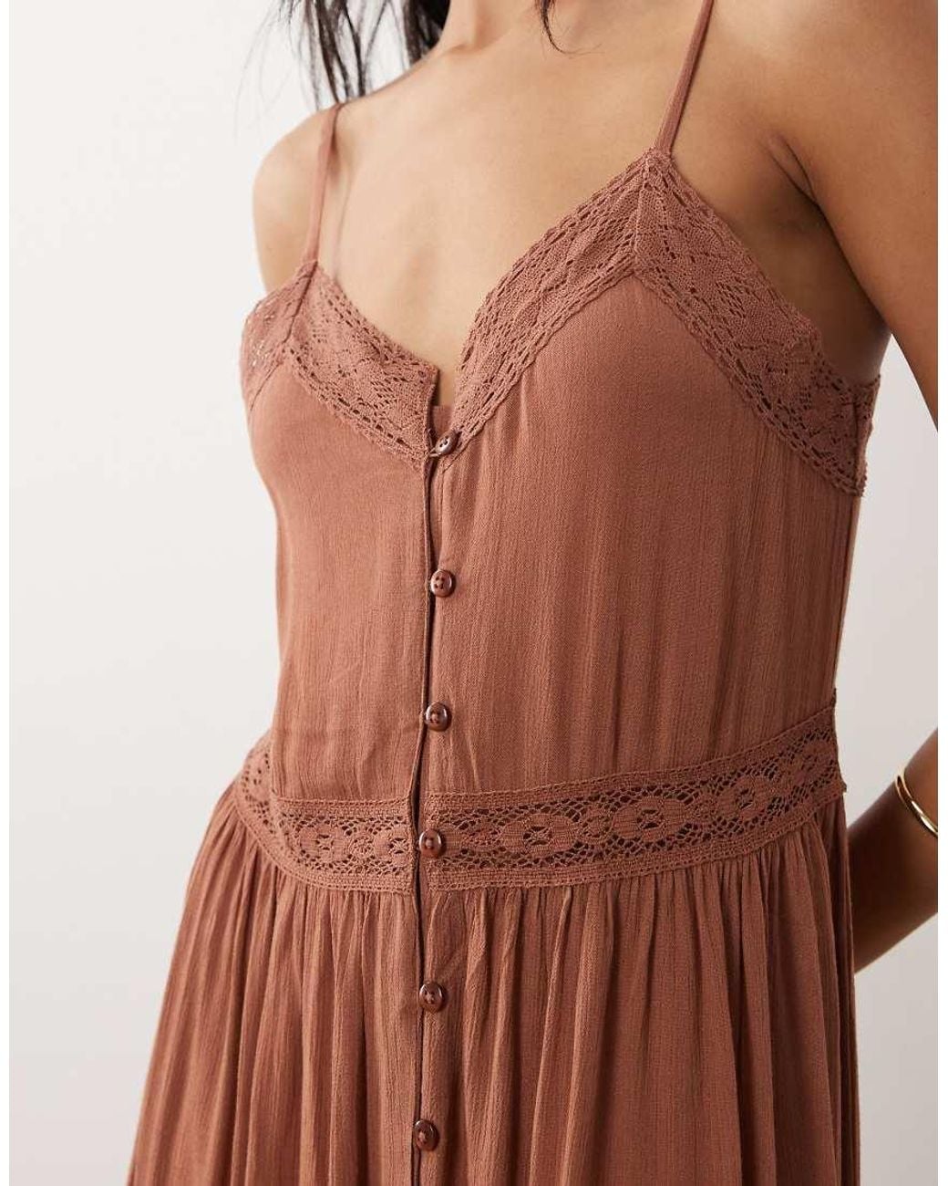 Iisla & Bird Brown Semi Sheer Button Down Maxi Dress With Lace Detail