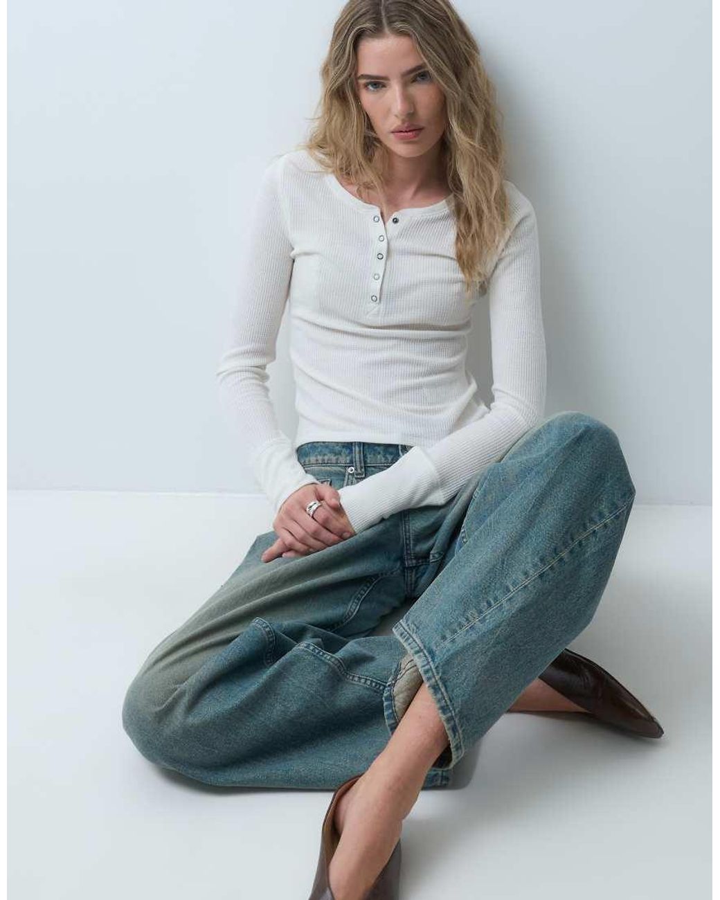 Hollister White Ribbed Long Sleeve Henley