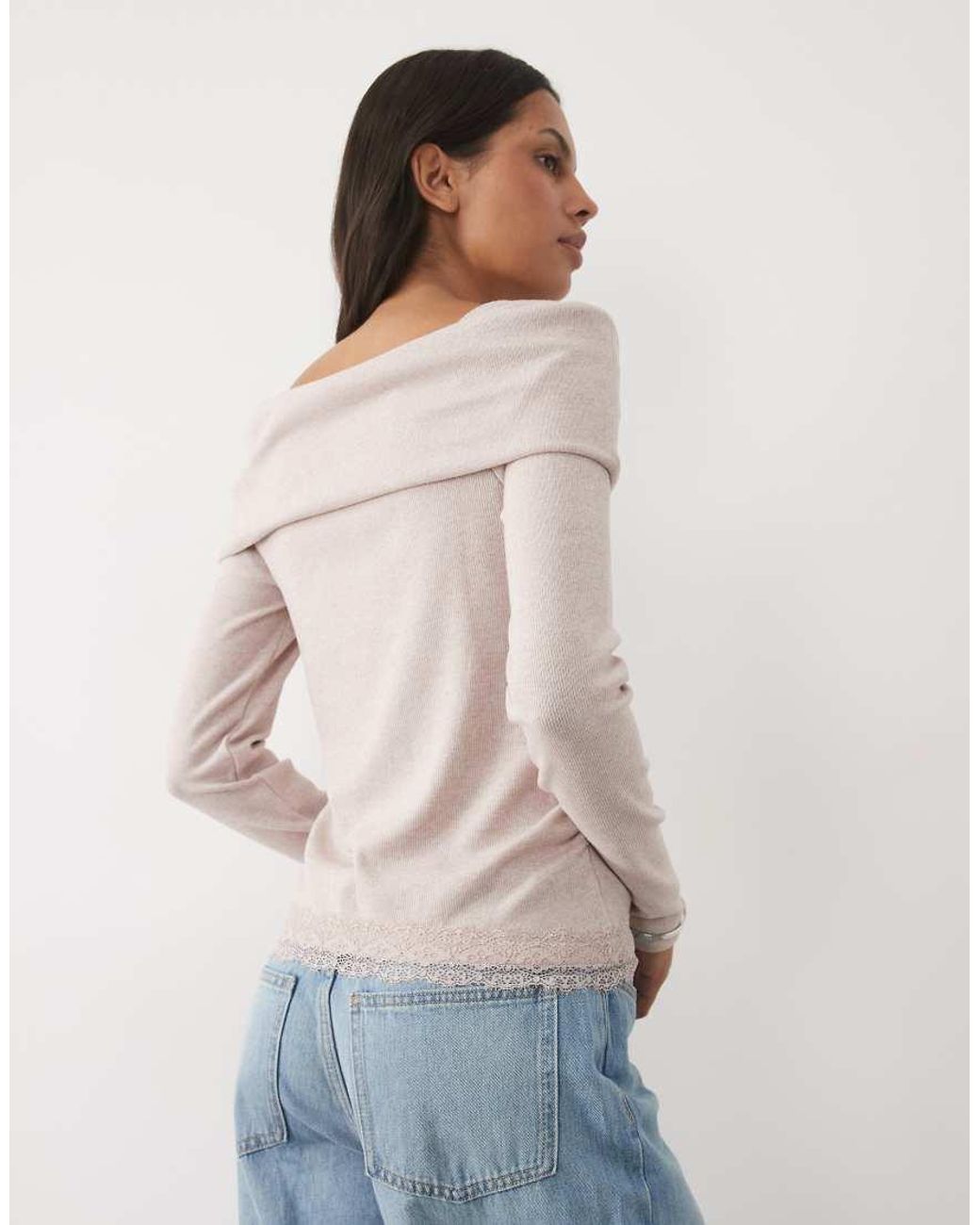 New Look Blue Bardot Lace Hem Ruched Jumper