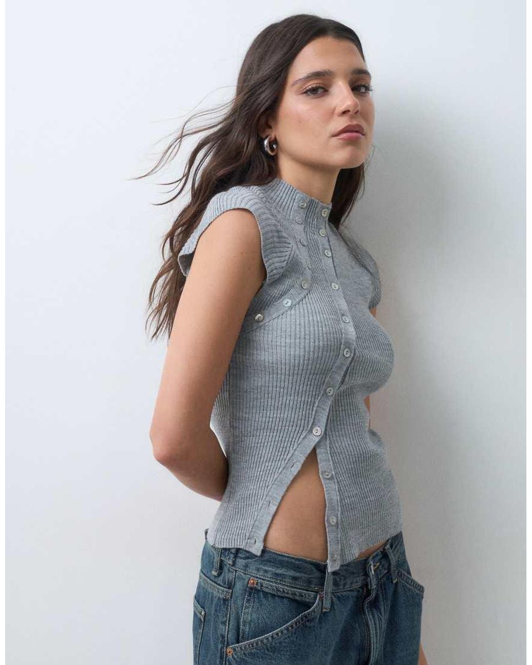 Collusion Gray Funnel Neck Knitted Top With Asymmetric Button Detail