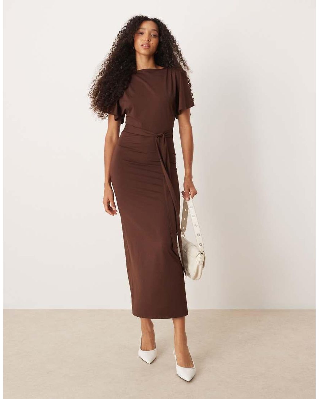 ASOS Brown Angel Sleeve Tie Back Maxi Dress