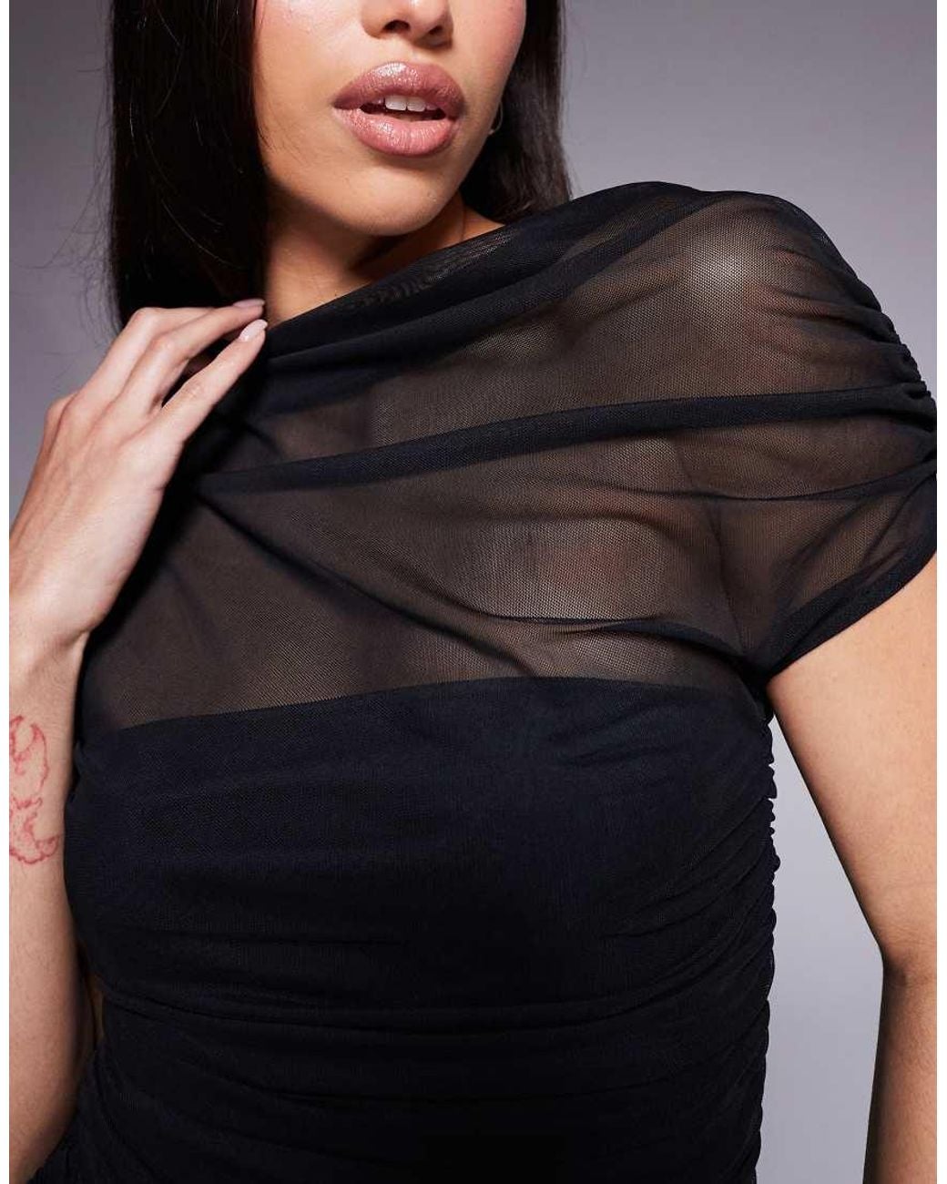 ASOS Black Draped Shoulder Mesh Mini Dress With Ruching
