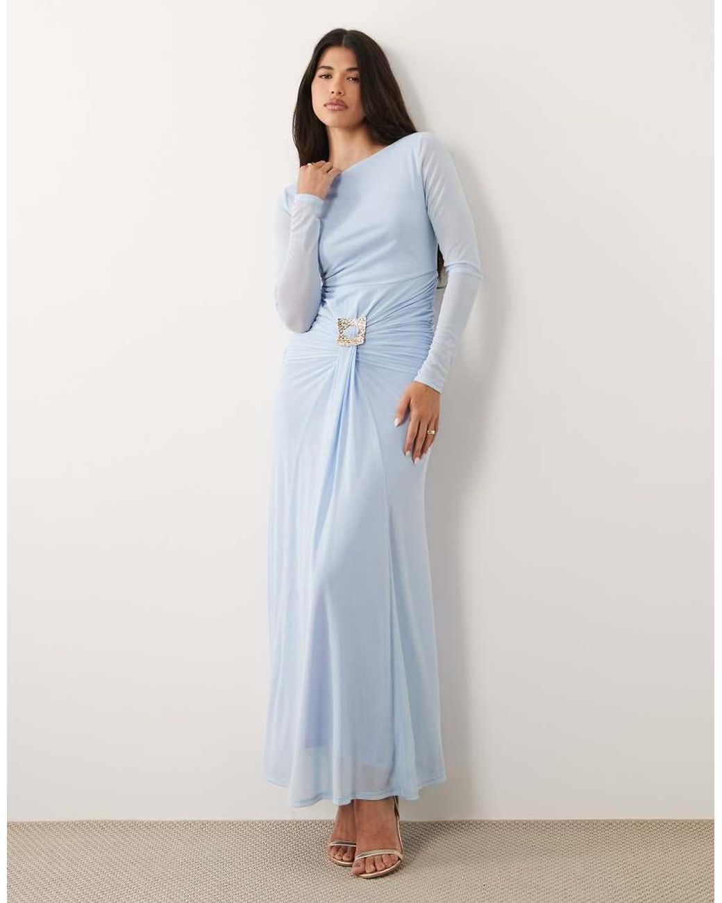 DASKA Blue Slash Neck Tie Front Trim Detail Maxi Dress