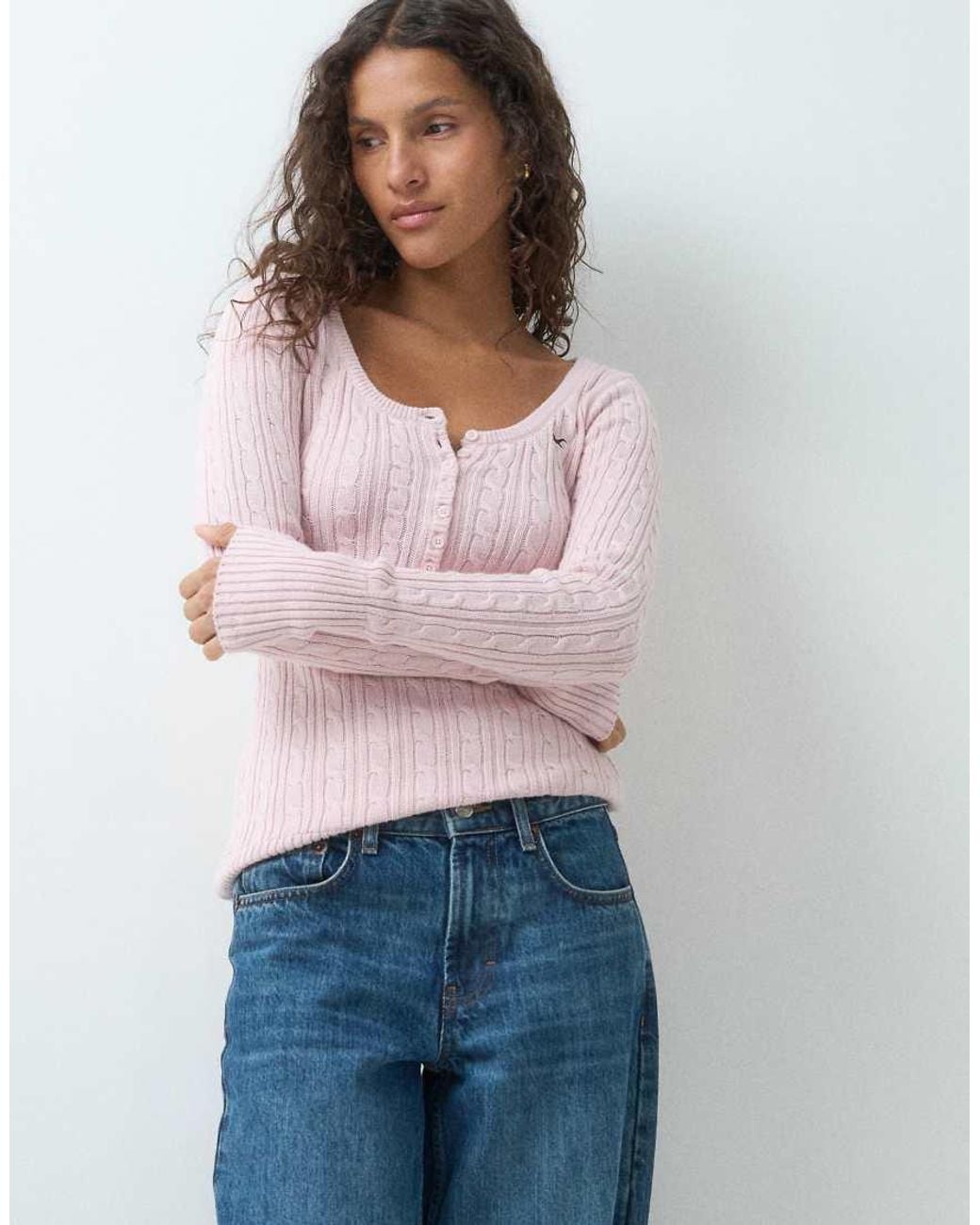 Hollister Pink Icon Logo Fitted Knitted Henley Top