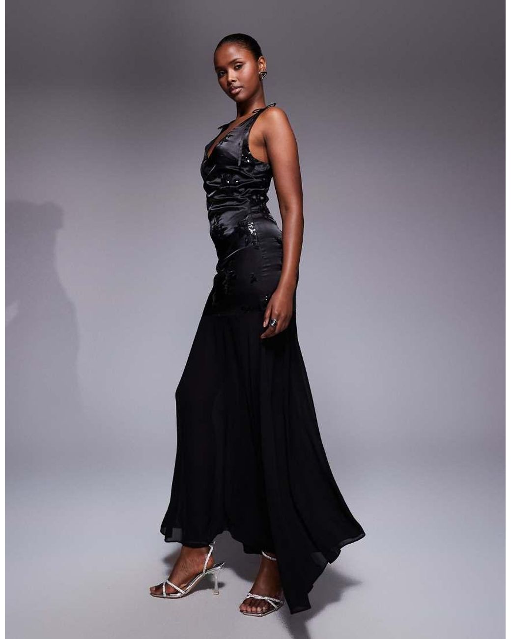 TFNC London Blue Sequin Embroidered Maxi Dress With Chiffon Skirt