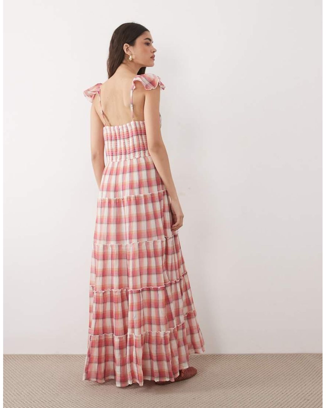 Nobody's Child Pink Levi Cotton Cheesecloth V-neck Flutter Sleeve Tie Maxi Dress