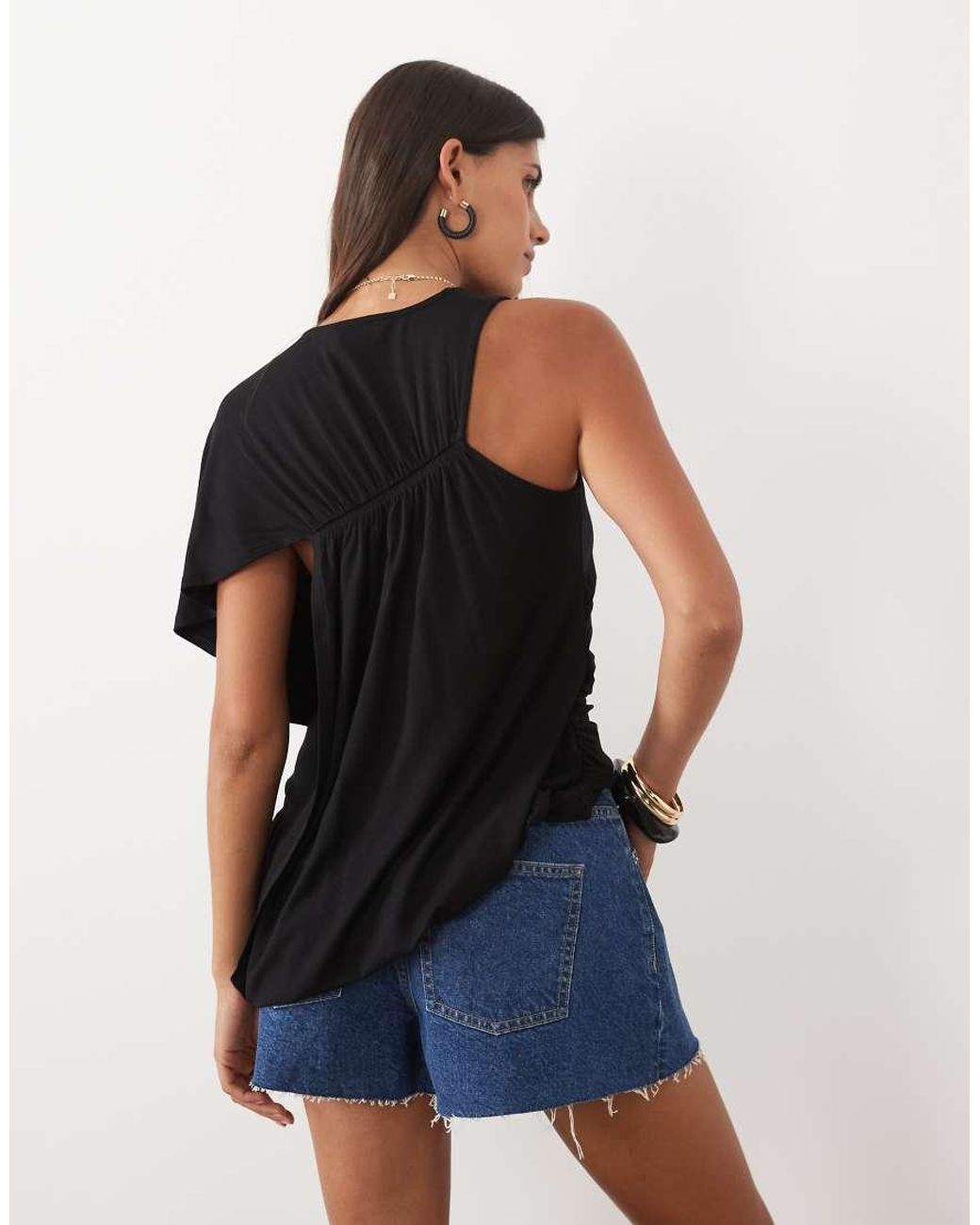 ASOS Blue One Sleeve Top With Asymmetric Drape Detail