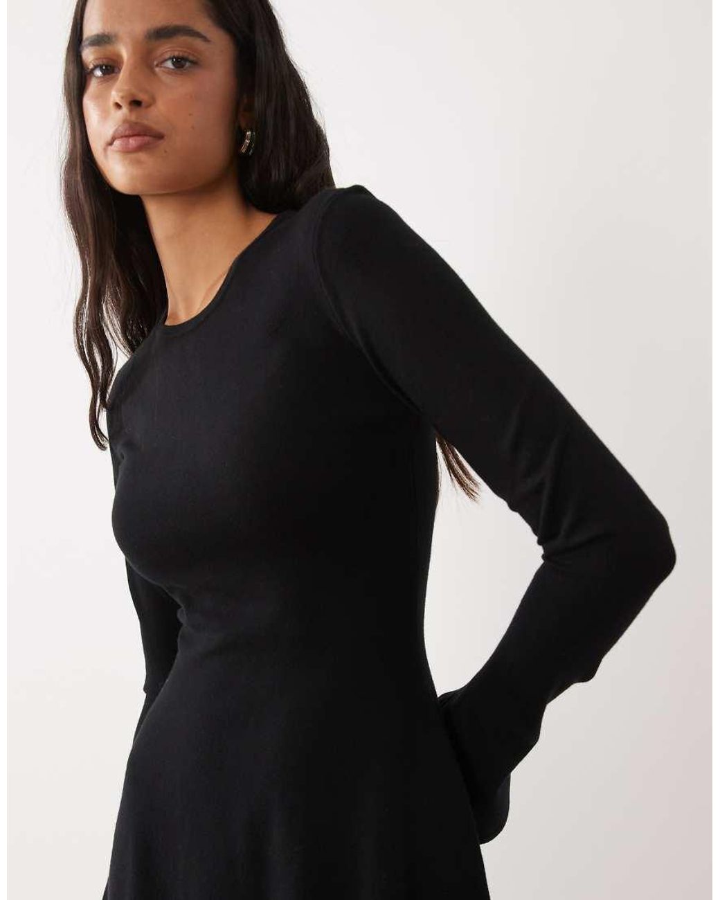 Kaiia Black Exclusive Compact Knit Flared Sleeve Mini Skater Dress