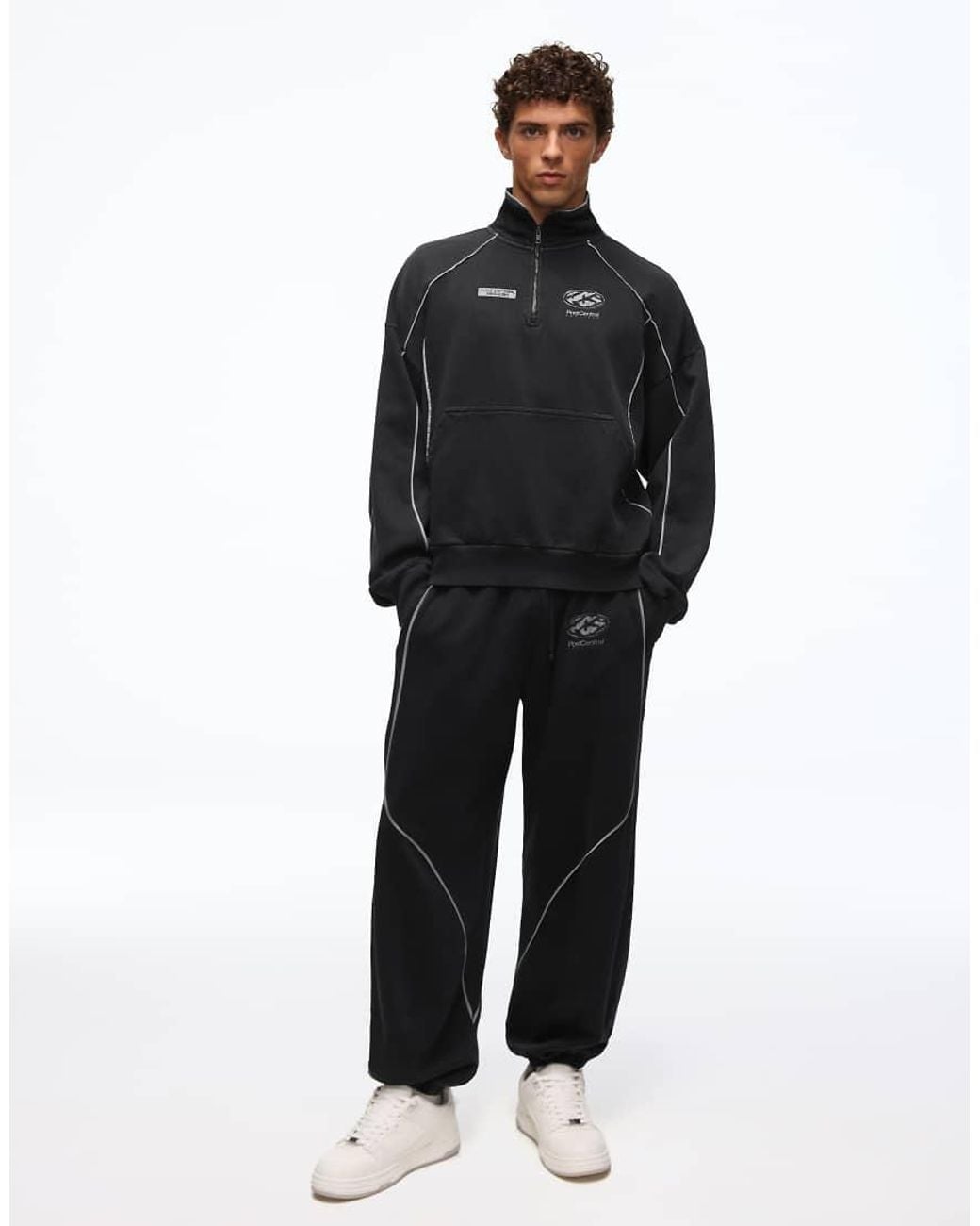 Bershka Black Washed Half-Zip Sweatshirt With Piping for men