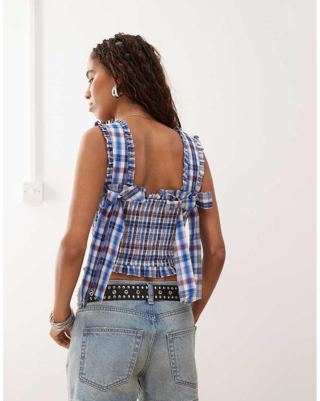Collusion Blue Shirred Check Cami Top