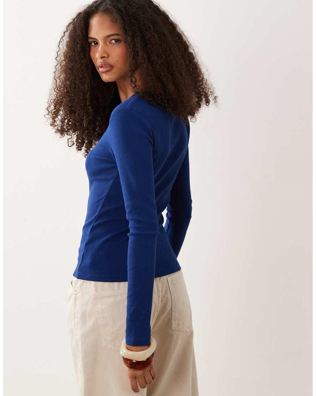 Calvin Klein Blue Long Sleeve Woven Label Rib Scoop Neck Top