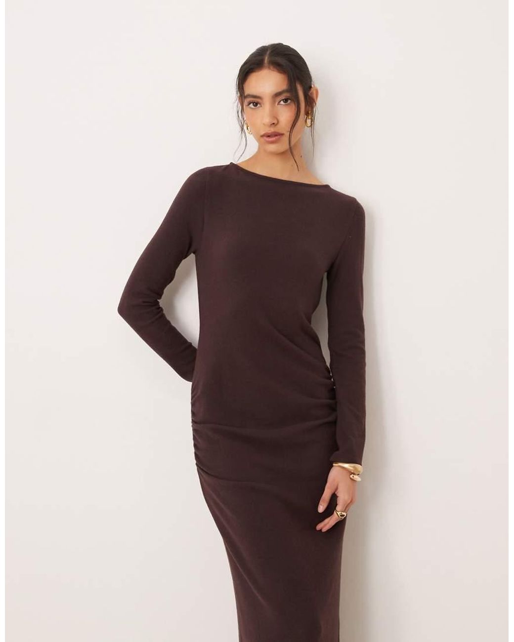 ASOS Natural Super Soft Slashed Neck Ruched Maxi Dress