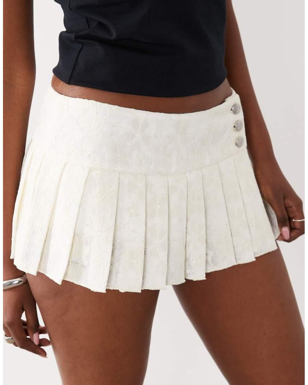 I.AM.GIA White Remini Button Detailing Dropped Waist Pleated Lace Mini Skirt