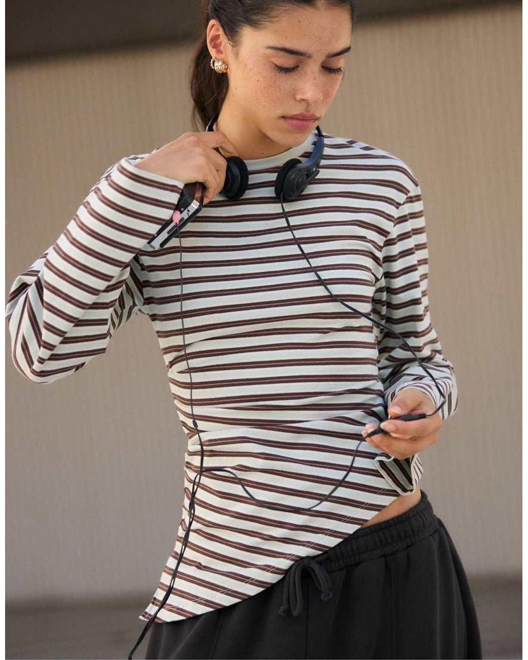 Stradivarius Black Asymmetric Striped Long Sleeve T-shirt