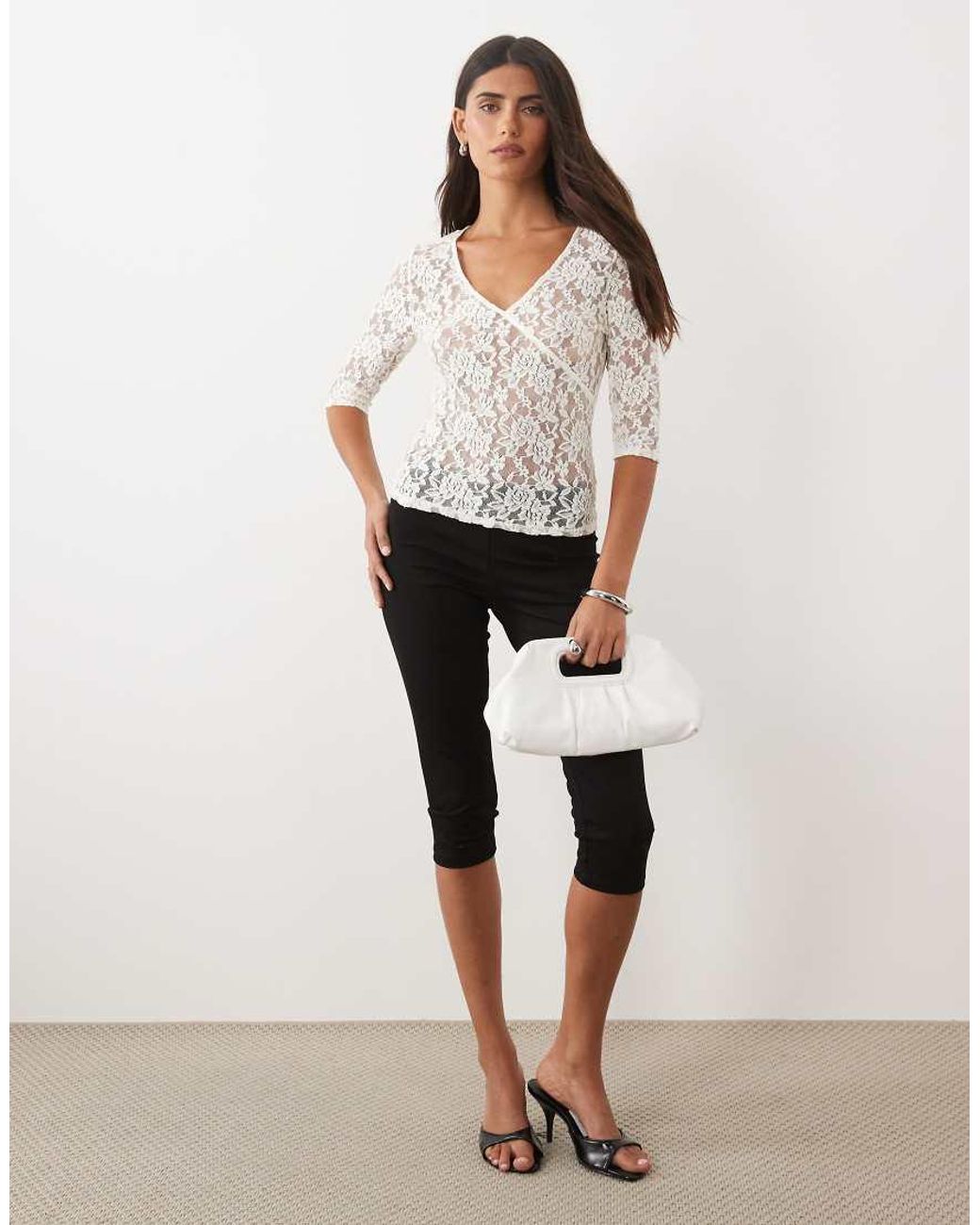 Lioness White Arena Sheer Lace V Neckline 3/4 Sleeve Top