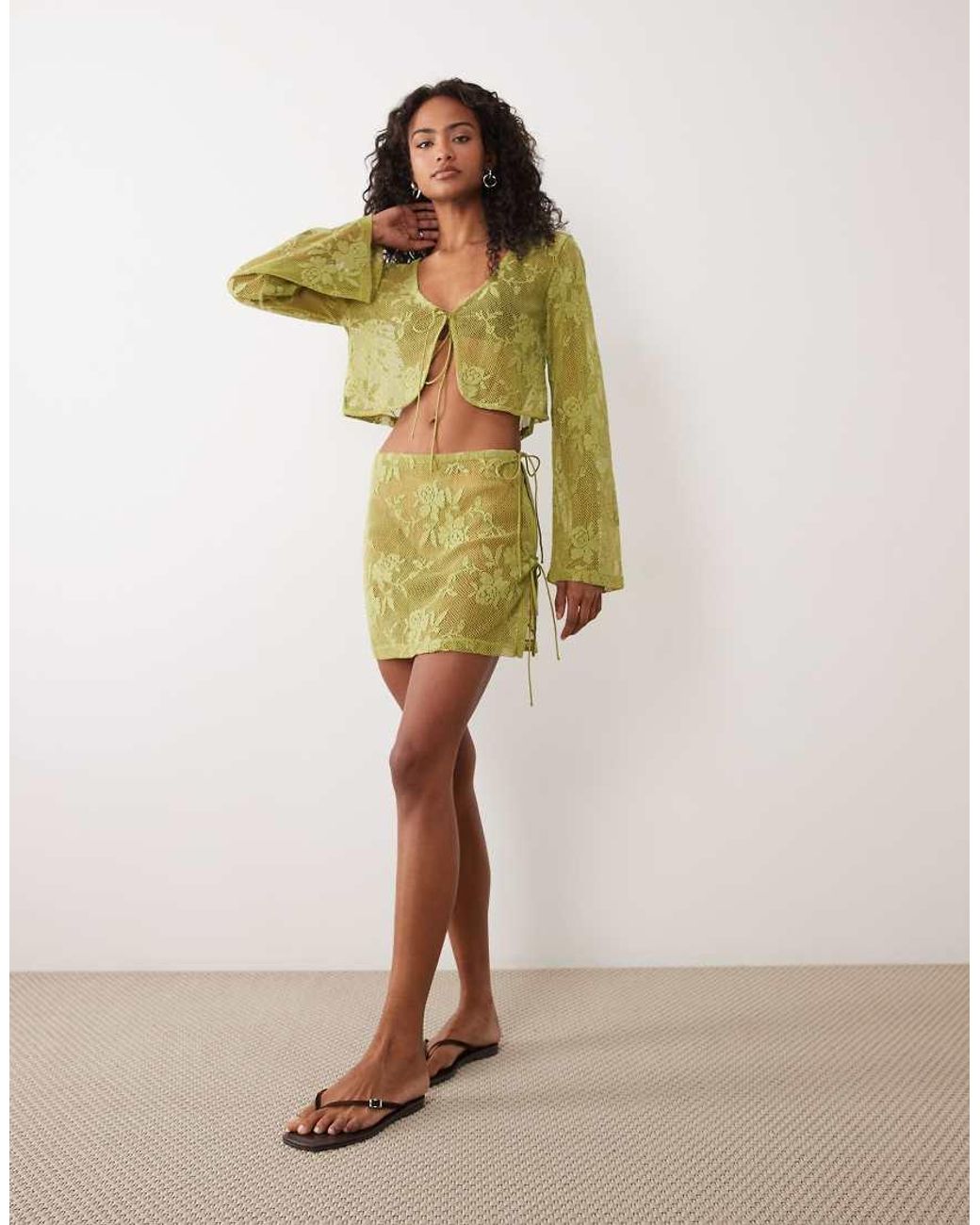 ASOS Green Sheer Crochet Lace Tie Front Co-ord Top
