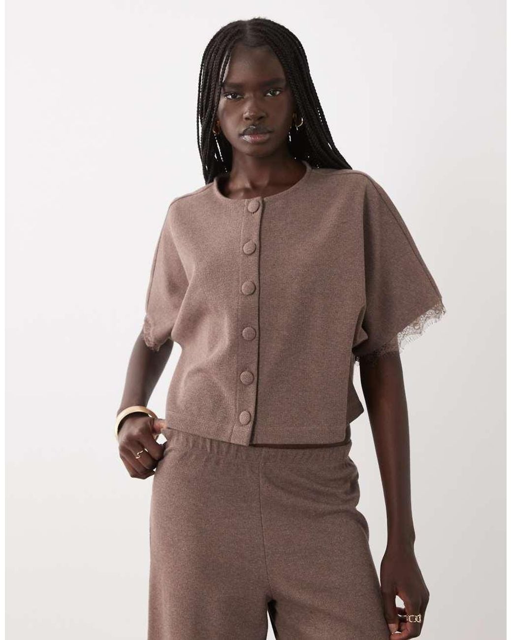 Miss Selfridge Brown Batwing Button Up Top With Lace Trim