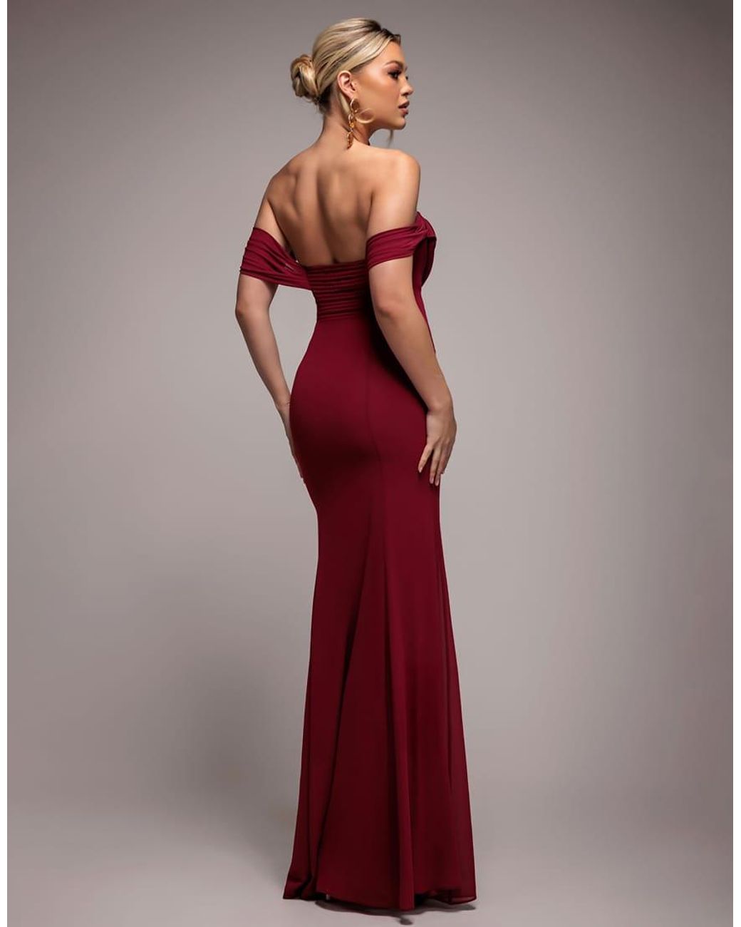 Goddiva Red Chiffon Bardot Cowl Neck Maxi Dress