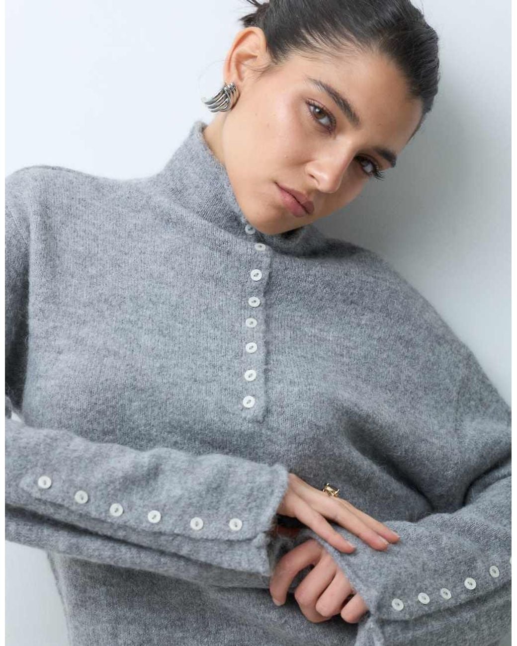 Gina Tricot Gray Wide Sleeve High Neck Knitted Top With Button Detail