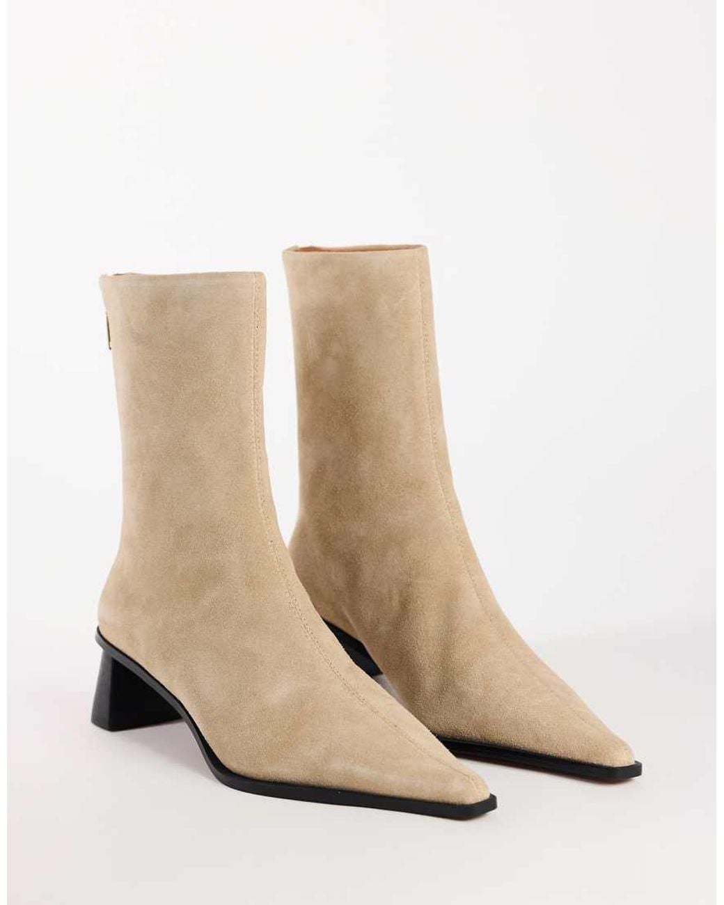TOPSHOP Natural Penny Real Suede Block Heel Pointed Ankle Boot