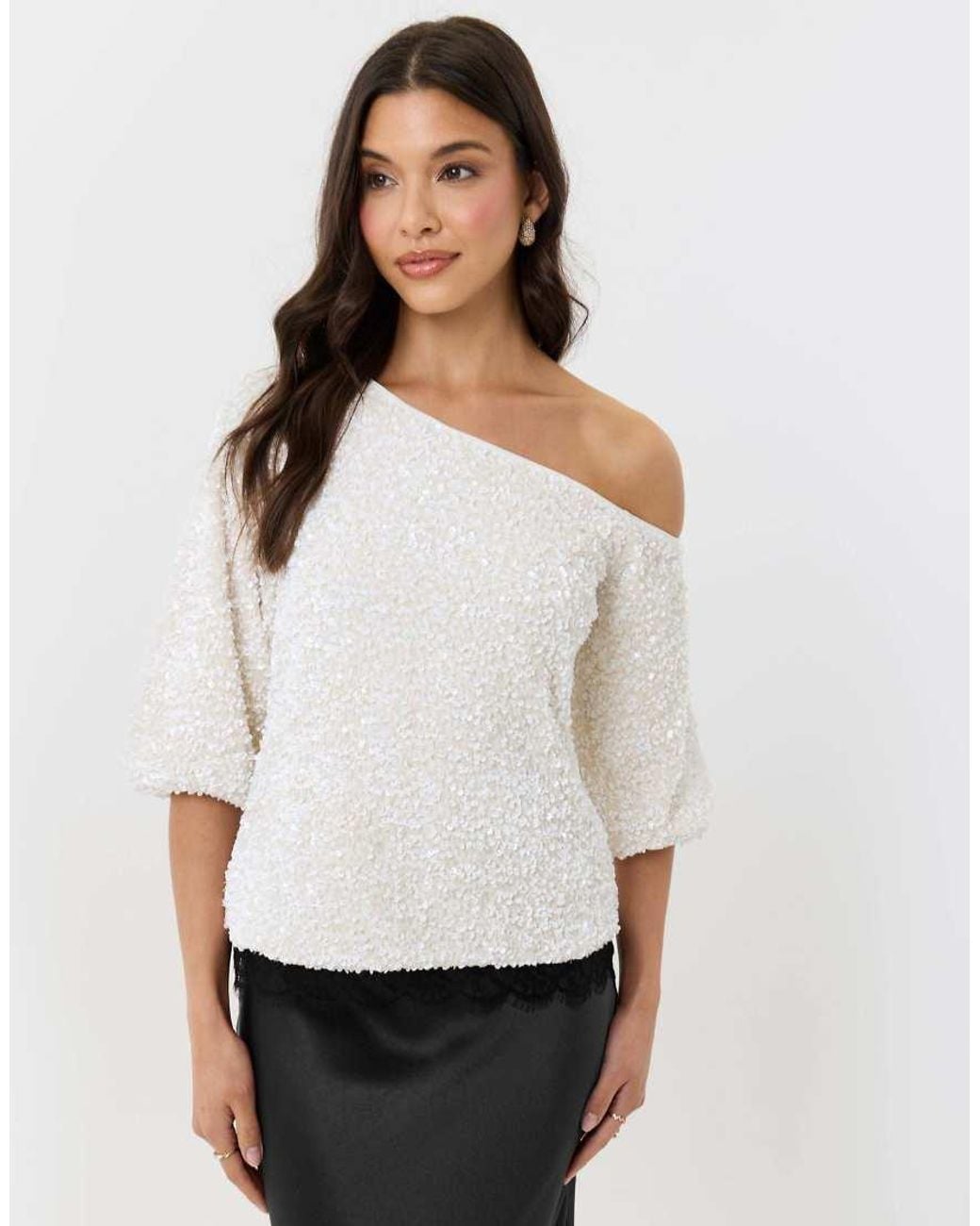 Threadbare White Sequin Slash Neck Puff Sleeve Top