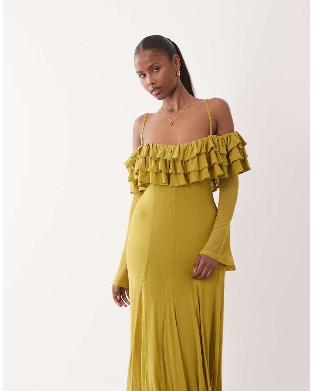 ASOS Yellow Mesh Off Shoulder Ruffle Maxi Dress With Full Godets