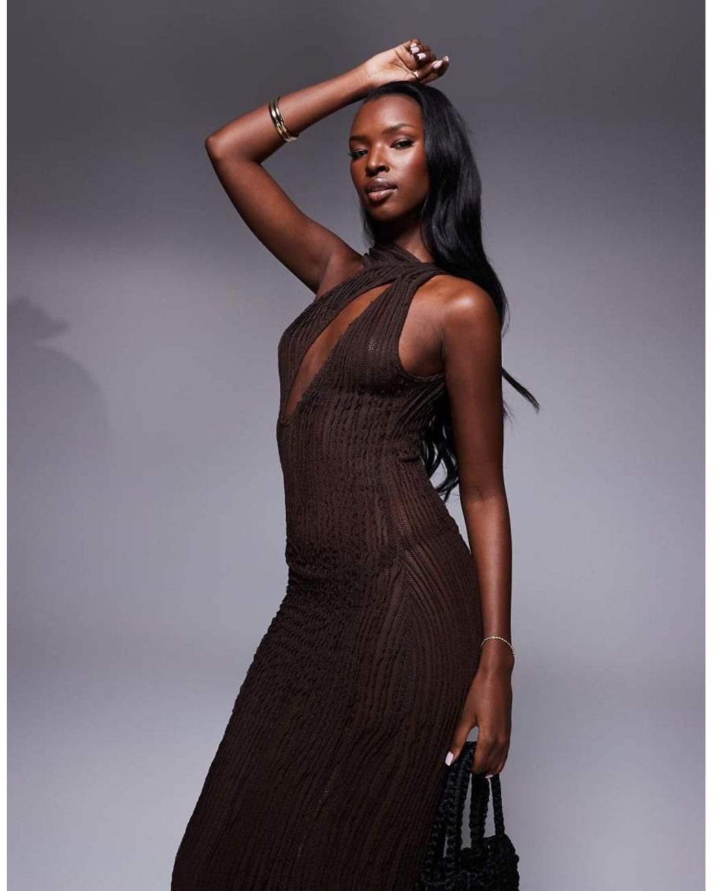 Public Desire Blue Textured Scarf Detail Cut Out Maxi Dress Chocolate