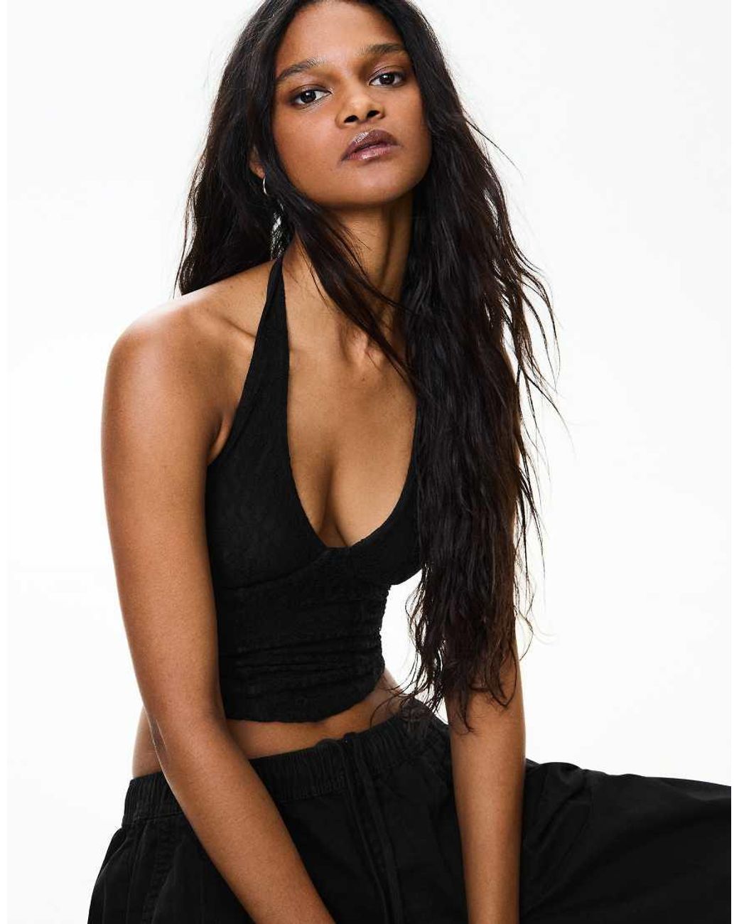 Bershka Black Lace Corset Halter Top
