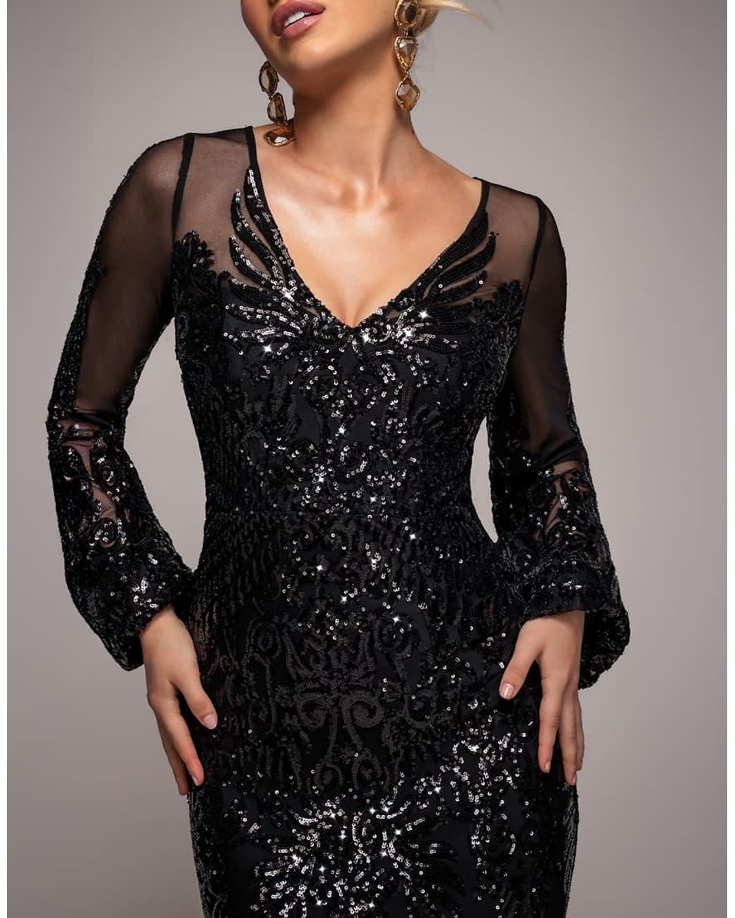 Goddiva Black Embellished Sequin Bishop Sleeve Maxi Dress