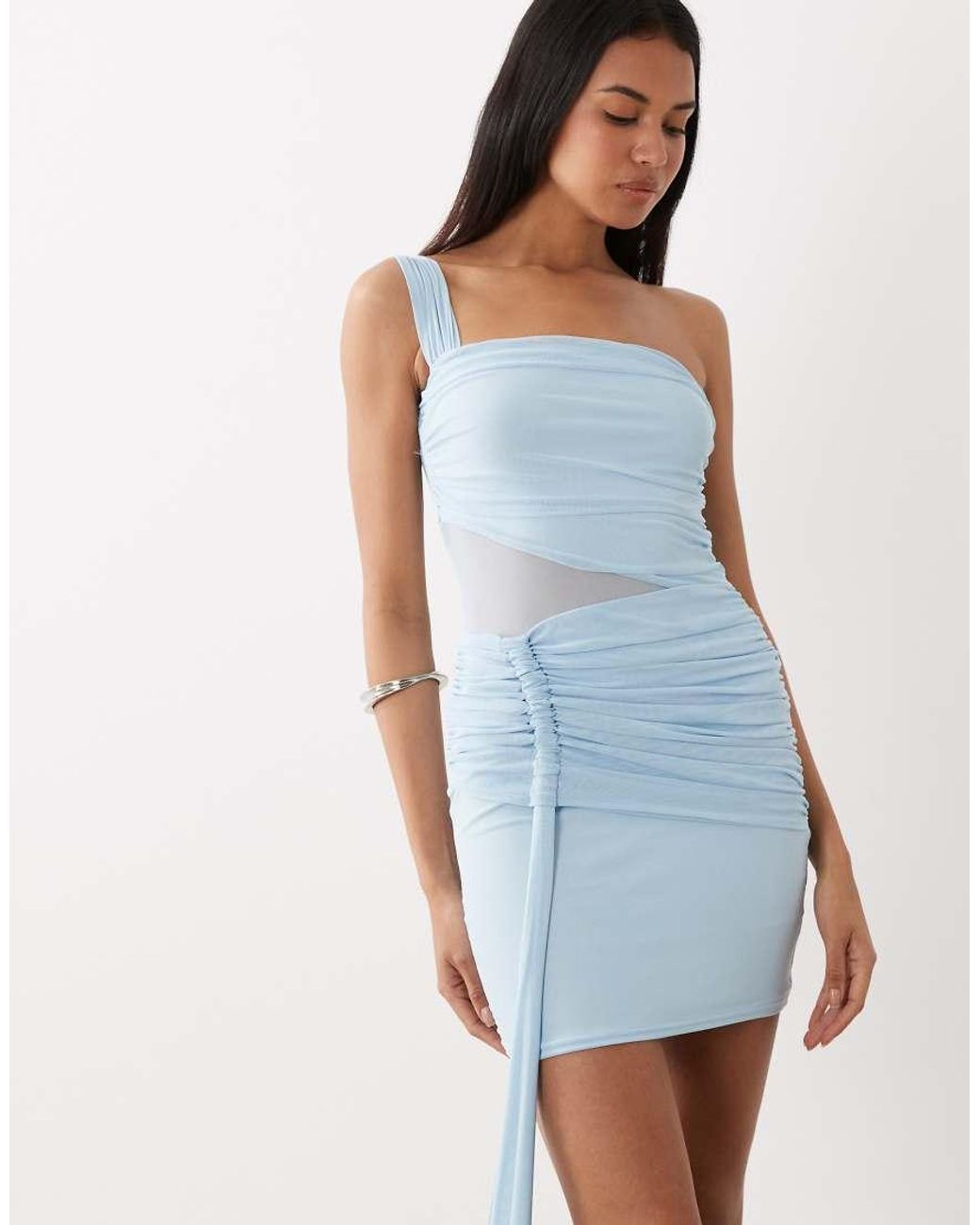 Kaiia Multicolor Exclusive Double Layered Slinky One Shoulder Sheer Panel Drape Detail Mini Dress