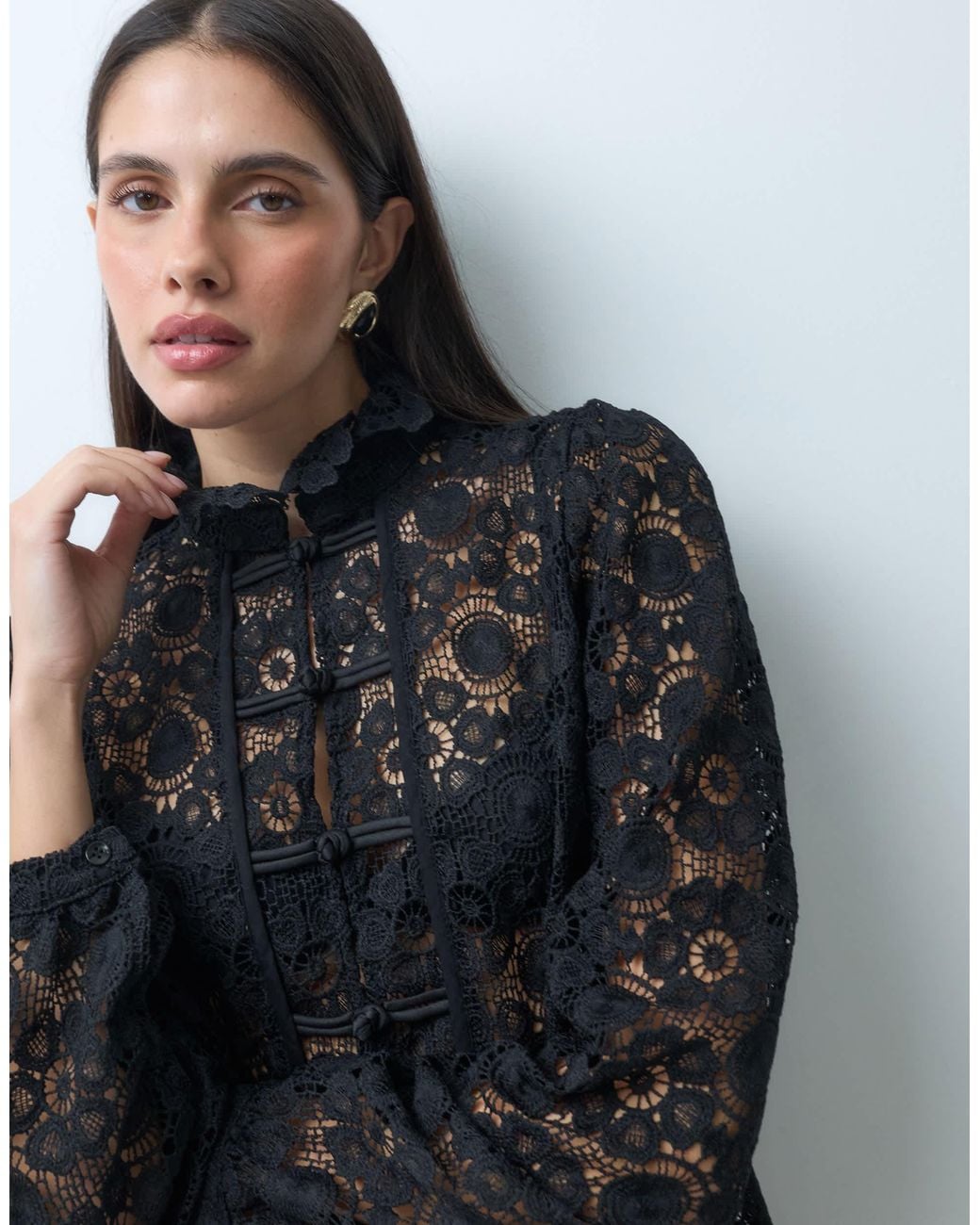 Lace Balloo Color Lioness Overtime Sheer Lace Intricate Floral Napoleon Button Detail ...