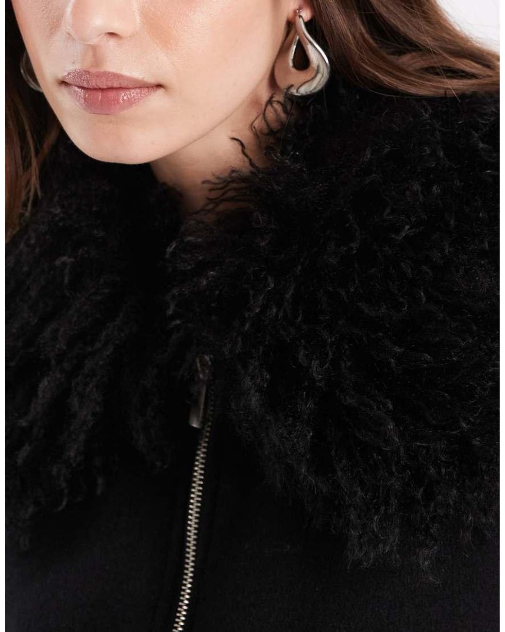 Object Black Zip Front Bomber Jacket With shaggy Collar