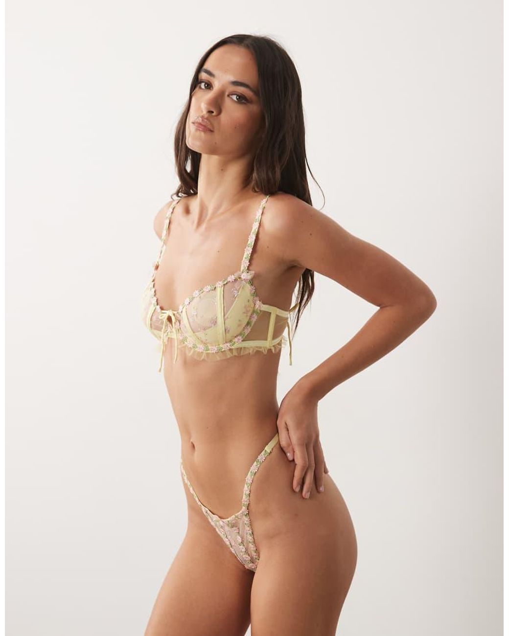 For Love & Lemons Yellow Twilight Embellished Sheer Low Rise Thong Co-ord