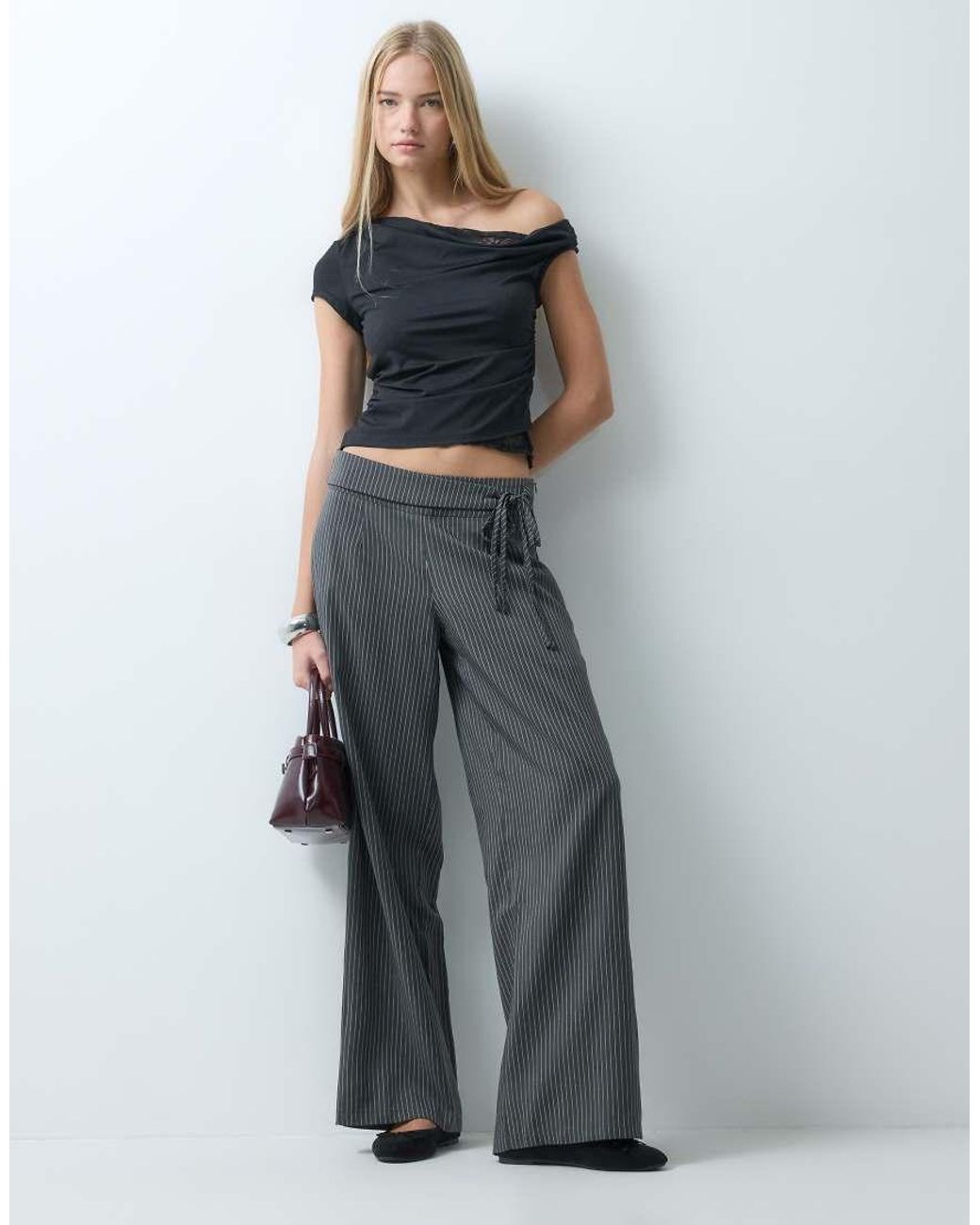 BRONZE SNAKE Gray Wide Leg Trousers With Tie Waistband