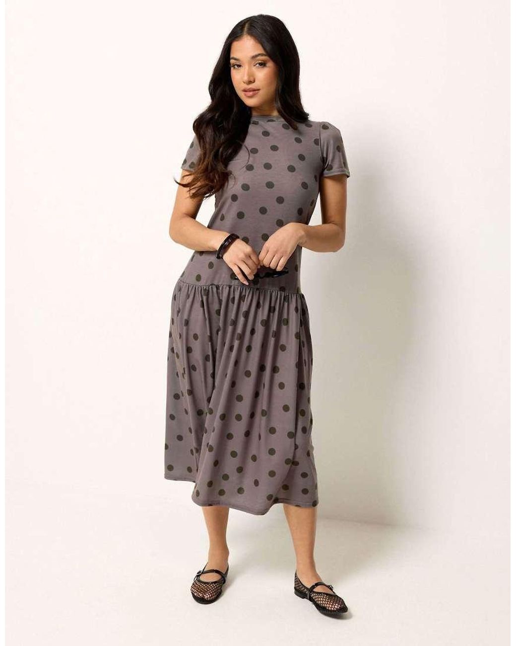 PixieGirl Brown Petite Polka Dot Drop Waist Maxi Dress